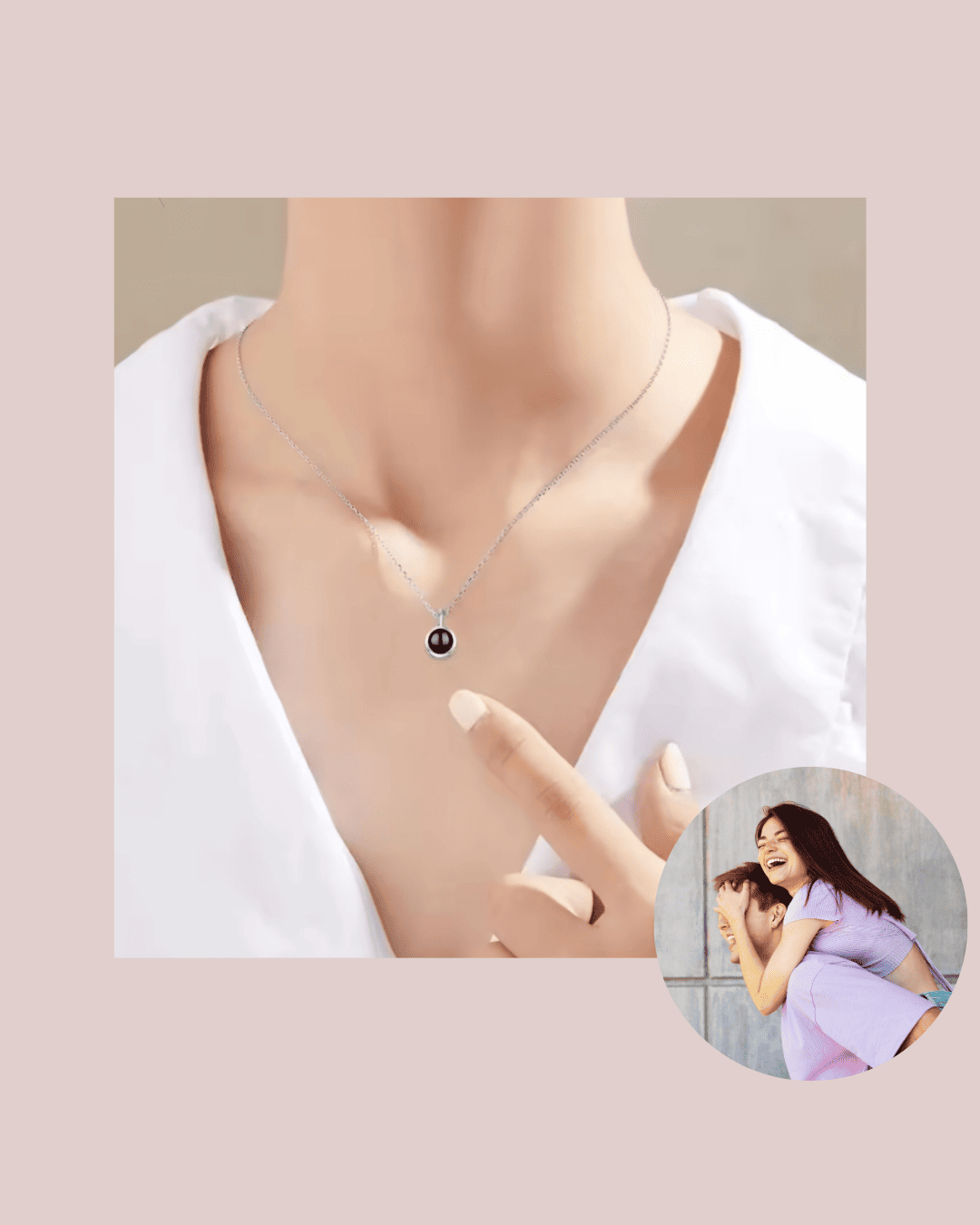 Collar femenino, estilo punto de luz, de color plata y acero inoxidable. Cuenta con una gema, que contiene una foto personalizada. 